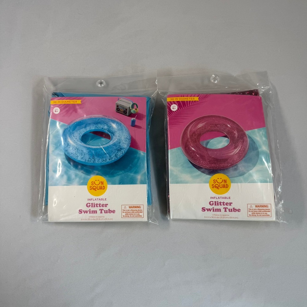 Sun Squad Swim Tubes 2 Pack Inflatable Glitter Blue Pink 36 Inch Pool Floats New